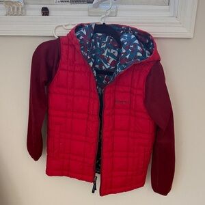 Marmot Kids Red Puffer Jacket with Patterned Lining, size Large (reversible)